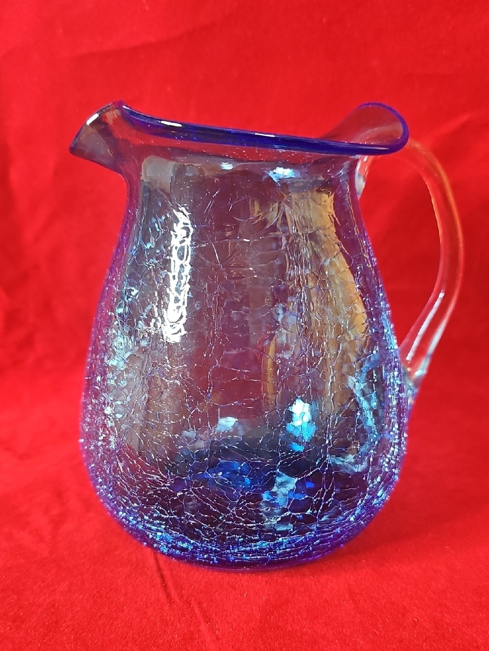 Vintage Handblown Blue Crackle Glass Pitcher - Decorative Home Art